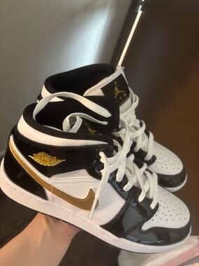 Jordan Black White and Gold Patent Leather Mid-Top Sneakers
